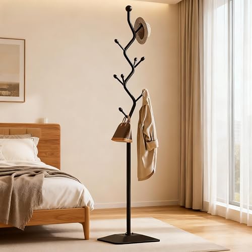 Black 8-Hook Metal Coat Rack Stand - Freestanding 68.8in Modern Organizer