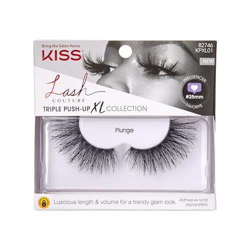 KISS Lash Couture Triple Push Up XL Collection False Eyelashes, 3D Volume in Extra Long Length with Triple Design Technology, Cruelty-Free and Reusable, Style 'Plunge', 1 Pair Fake Eyelashes