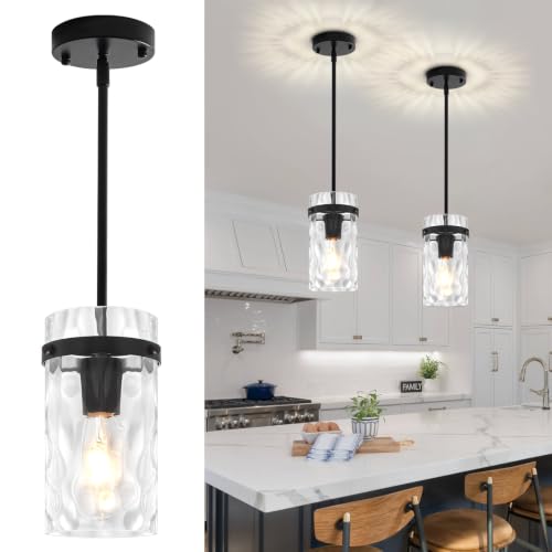 2-Pack Black Hammered Glass Pendant Lights for Kitchen Island - Modern Adjustable Hanging Lamp by ZSMIHDOH