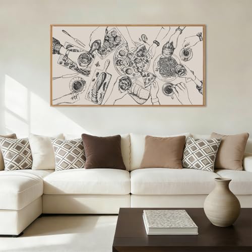 Large Black & White Food and Drink Wall Art - 40x20 Inches Kitchen Decor with Framed Canvas