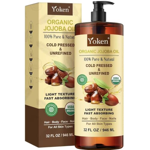 Yoken 32 fl oz Pure Organic Jojoba Carrier Oil - Unrefined, Cold Pressed, Moisturizer for Skin, Hair, Nails, & Massage - Pack of 1