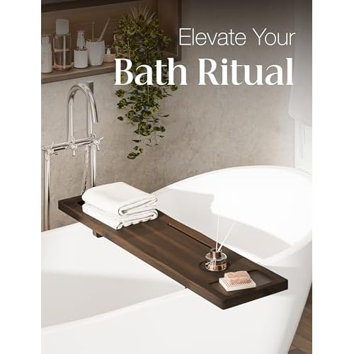 Tinamo Acacia Bathtub Tray Caddy with Adjustable Legs - Bath Tub Tray for Freestanding Tubs - 39x9.75 Inch Large Wooden Anti-Tipping Tub Tray for Bathtub with Accessories Holders (Walnut, 39x9.75)