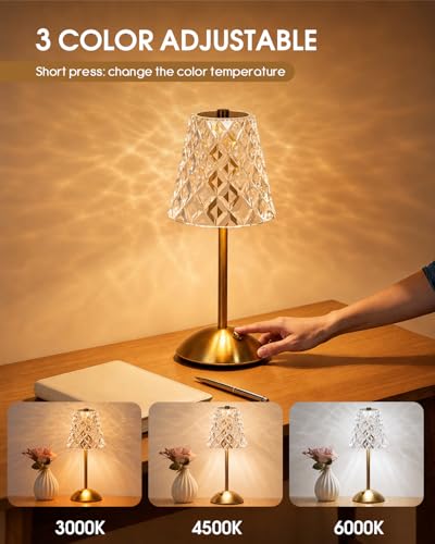 Nusogon Rechargeable Cordless Crystal Table Lamp - Gold-Diamond Touch Control
