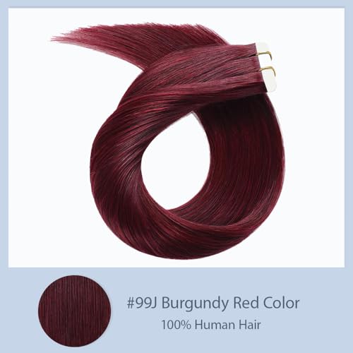 16 Inch Burgundy Tape-In Hair Extensions - Red Straight Human Hair, Seamless & Invisible - 10 Pcs, 45g Variation of TP-Burgundy-99J