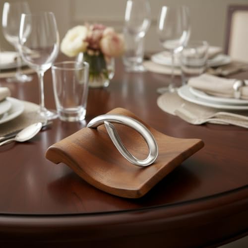 Nambe Breeze Napkin Holder - Modern Acacia Wood & Stainless Steel Tabletop Organizer