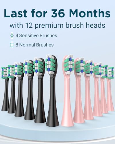 Electric Toothbrush Set with 12 Replacement Heads & Travel Case – Black+Pink