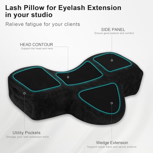 IMENE Lash Pillow for Lash Extensions Black Memory Foam Ergonomic Bed Pillow with Velvet Cover & Organizer Pockets