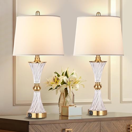Hamucd Gold Glass Touch Table Lamps Set of 2 with USB Ports, Dimmable Nightstand Lights
