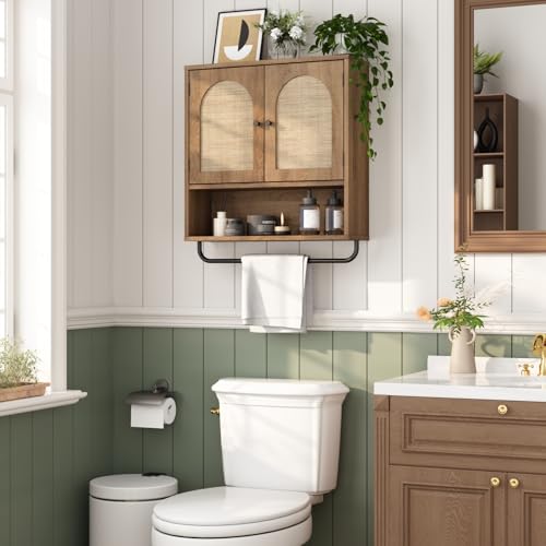 Rustic Oak Wall Cabinet with Rattan Doors - Boho Bathroom Storage, 2 Doors, Natural Oak Finish