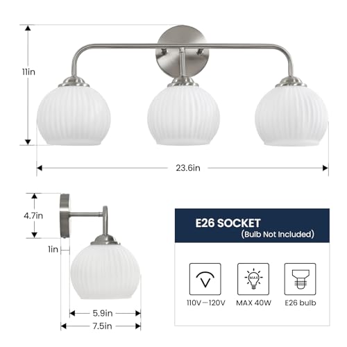 Bathroom Vanity Light Fixtures 3-Light Brushed Nickel Over Mirror with Frosted Glass Shade - Nickel / 3 Light