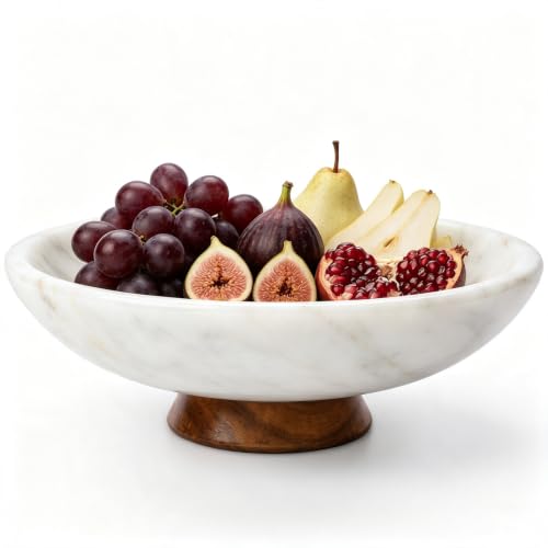 White Marble Fruit Bowl with Acacia Wood Pedestal - Large Decorative Kitchen Counter Centerpiece - 11 Inch