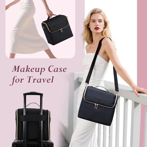Large Travel Makeup Case with 4 Tiers, Organizer & Luggage Sleeve