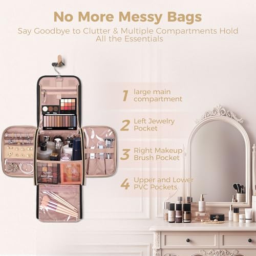 Black Hanging Toiletry & Makeup Bag with Jewelry Organizer - Travel Cosmetic Organizer