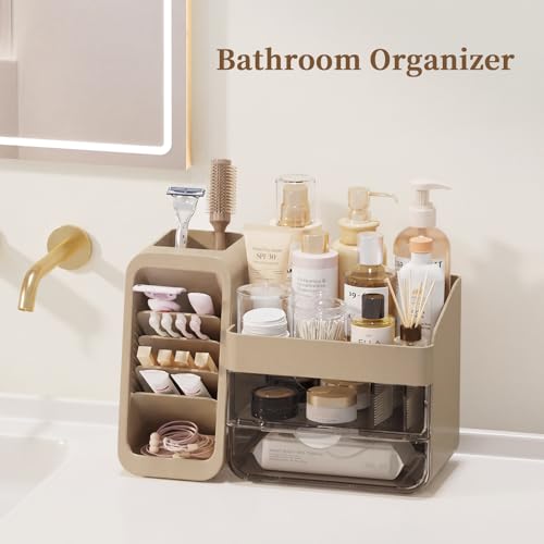 Jywantful Light Mocha Brown Makeup Organizer with Adjustable Brush Holders & Clear Drawers