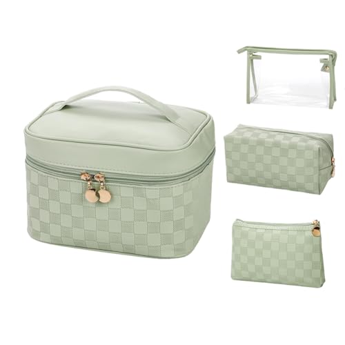 Waterproof Leather Makeup Bags Set of 4 - Green Variation - Travel Organizer for Cosmetics & Toiletries