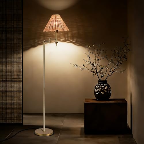 Boho Rattan Floor Lamp with Swing Arm, Adjustable 310° Natural Standing Reading Light