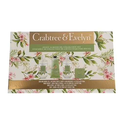 Crabtree & Evelyn Sweet Almond Oil Collection Set (Bath & Shower Gel 8.4 fl oz, Hand Therapy 3.5 oz, Body Lotion 8.4 fl oz, Bar Soap 3.5 oz)
