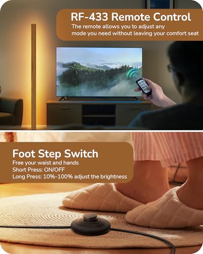 Wooden LED Corner Floor Lamp with Remote - Dimmable 7CCT Light Brown