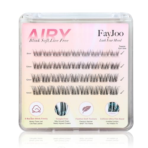 Natural Lash Clusters with 0.05mm Thin Invisible Band, Soft Wispy C Curl, Most-Used Sizes for Daily Wear, Travel Compact Pack, Budget-Friendly for Beginner & Trial Seeker, FayJoo AIRY 12 Lite