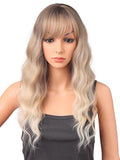 22 Inch Ash Blonde Wavy Wig with Bangs - Synthetic Heat-Resistant Hairpiece for Women