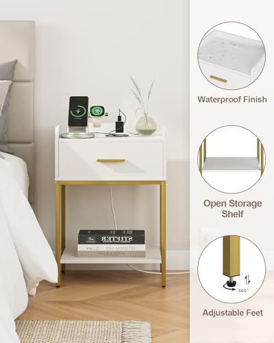 Masupu White Nightstand with Charging Station, 3-Tier Bedside Table with Drawer & Shelf