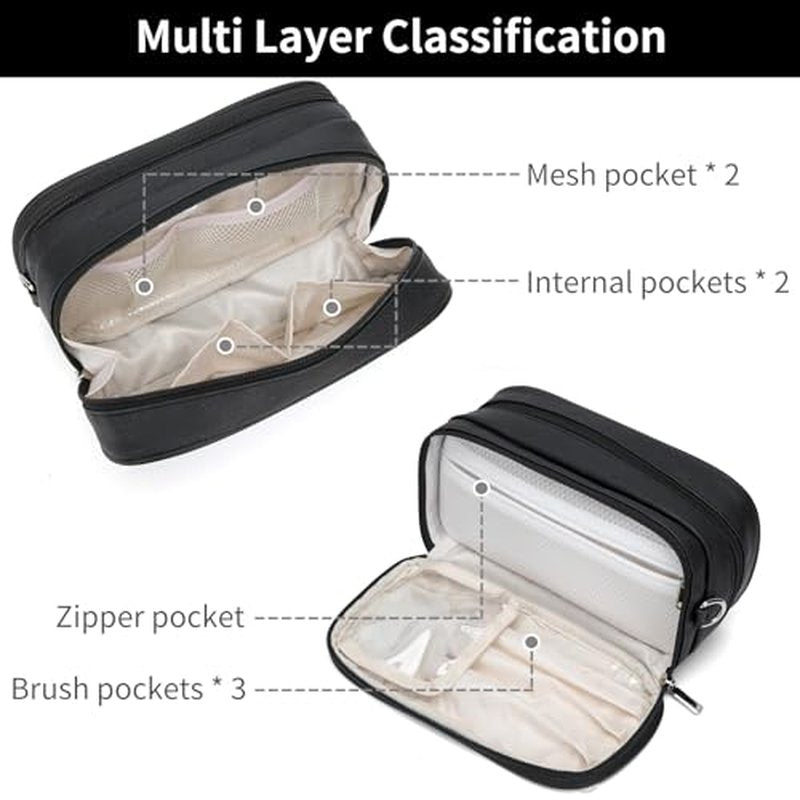 Makeup Bag for Women, Wide-open Makeup Organizer with Makeup Brush Holder, Waterproof Cosmetic Bag with Compartment, Portable Travel-Size Toiletry Bag for Traveling, Large Make Up Bag (Black)