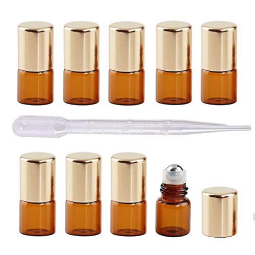 50Pcs 2ml (5/8 Dram) Refillable Empty DIY Mini Travel Glass Roll On Bottles Essential Oils Roller Bottles Perfumes Cosmetic Sample Vials Jar Containers with Gold Lids and Stainless Steel Roller Ball