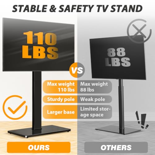 TAVR Swivel Floor TV Stand for 32-75 Inch TVs Up to 110 lbs, Black Glass Base, No Power Strip