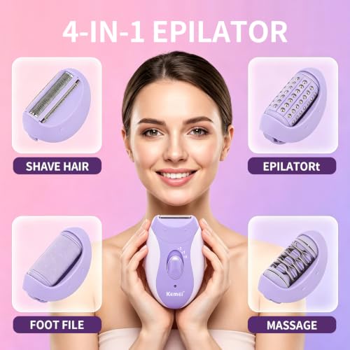KEMEI KM-6037 4-in-1 Epilator for Face, Legs, Arms (Purple) – Head Replacement, USB Rechargeable