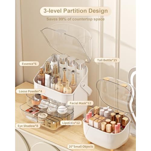 Makeup Organizer with Lipstick Holder, Skincare Organizers Storage Box Cosmetic Display Cases, Teen Girl Gifts Make up Organizers for Vanity, Dresser, Countertop, Bathroom(Silver)