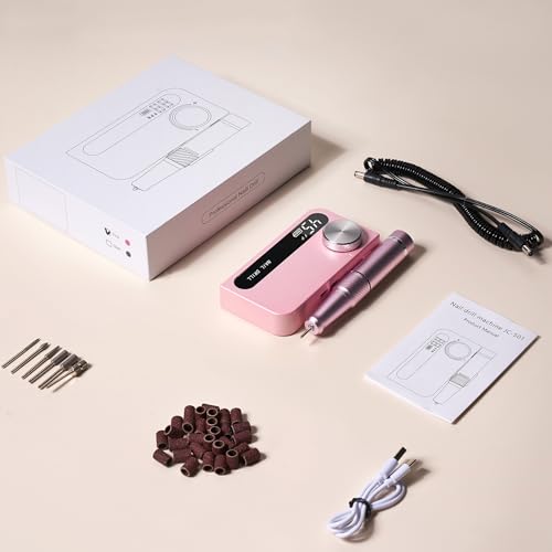 Cordless Electric Nail Drill Professional, Rechargeable Nail File Machine for Acrylic Nails & Gel Polish, Portable Manicure & Salon Nail Kit for Home Use (Pink)