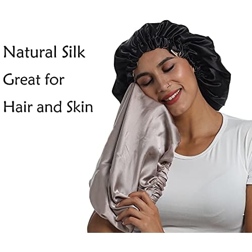 100% Mulberry Silk Lined Bonnet Adjustable Satin Sleep Cap 19 Momme Silk Bonnet for Women Curly,Long Hair Care