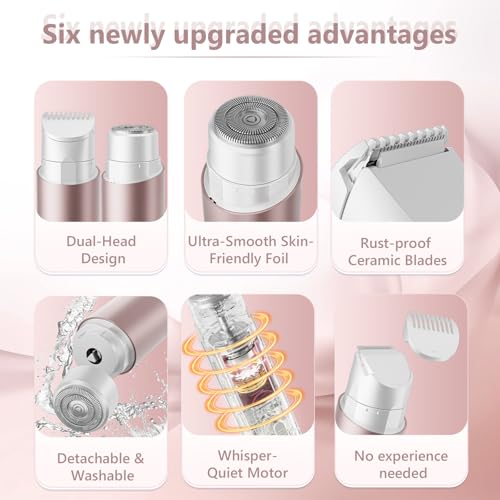 Bikini Trimmer for Women, 2-in-1 Electric Shaver & Painless Hair Remover, IPX8 Waterproof for Wet & Dry Use, USB-C Fast Charge, for Body Face Legs Underarms Sensitive Skin - Rose Pink
