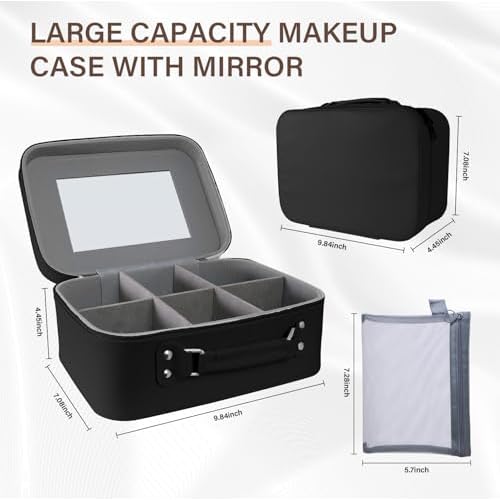 [Bridal Makeup Bag with Mirror] Large-capacity travel makeup storage bag, with compartments and a free brush pouch, waterproof PU makeup bag, durable structure & portable design (black Style)