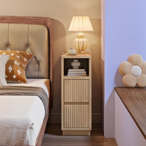 Natural CHOEZON 8.7-inch Narrow Fluted Nightstand with Drawers & Shelf - Small Modern Bedside Table