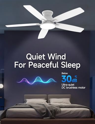 Flush Mount Ceiling Fan with Light 52 Inch White Remote Dimmable LED 6-Speed