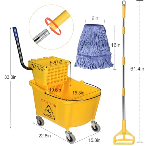 HiBaBy Commercial Mop Bucket & Blue Microfiber Mop Set with Yellow 35-Quart On Wheels