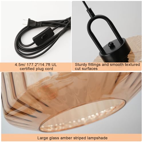Amber Glass Plug-in Pendant Light with 14.7ft Cord & On/Off Switch - Modern Hanging Lamp for Living Room & Kitchen