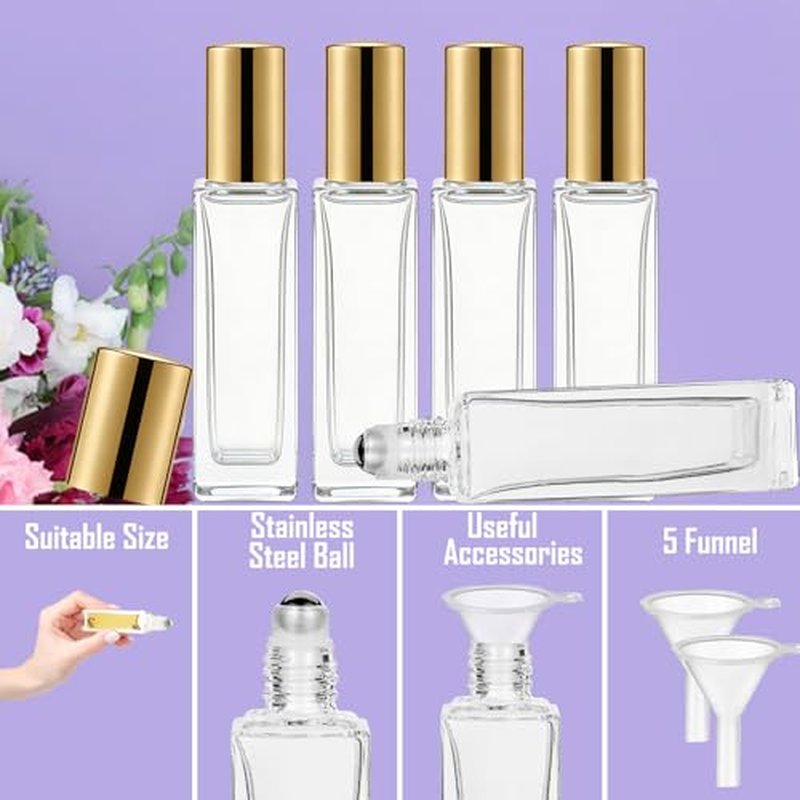 100 Pcs 10 ml Roller Bottles for Essential Oils, Square Thick Empty Glass Roller Bottles with Stainless Steel Roller Balls Protection Leakproof with 5 Funnel for Travel