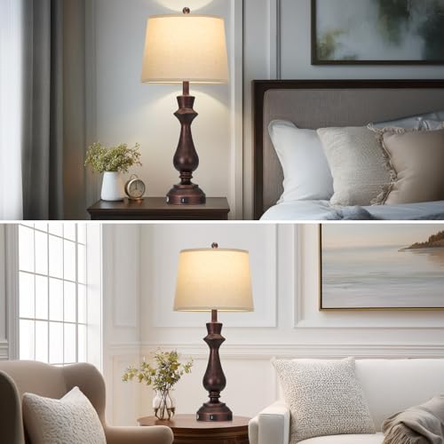 Vintage Brown Set of 2 Table Lamps with USB Charging & 3-Way Dimmable Touch for Bedroom & Living Room