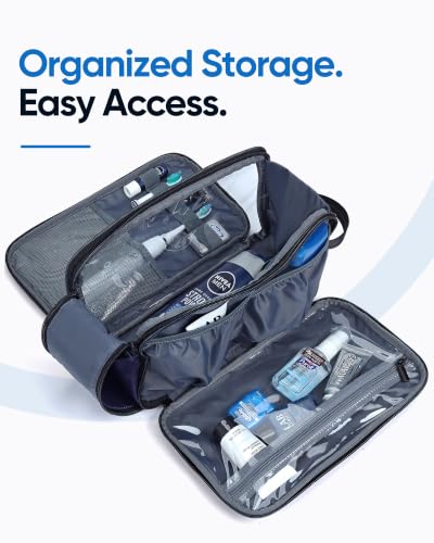 Large Blue Travel Toiletry Bag for Men - Full Open Dopp Kit with Dual Compartments