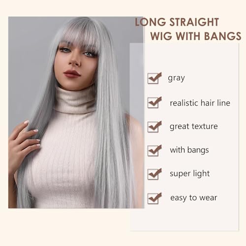 Gray White Wig with Bangs - 24 Inch Long Straight Synthetic Heat-Resistant Hair for Women - Variation: Gray White