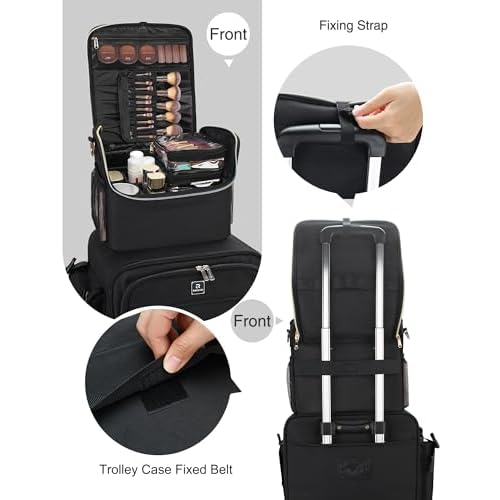 Large Makeup Carrying Train Case, Makeup Bag with 2 Small Bags, Professional Makeup Artist Bag Tattoo Case Travel Makeup Organizer Box with Adjustable Dividers and Shoulder Strap (Black)