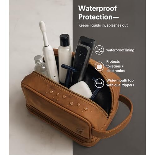 RUSTIC TOWN Leather Toiletry Bag - Waterproof Ditty Kit for Men and Women, Travel Organizer for Full-Size Essentials, TSA Approved
