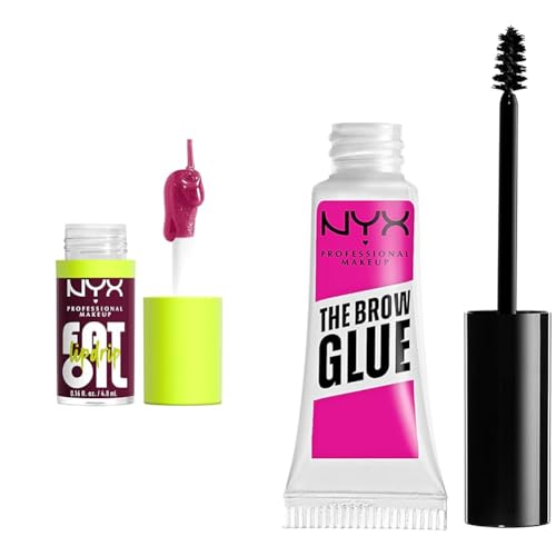 NYX PROFESSIONAL MAKEUP Fat Oil Lip Drip, Moisturizing, Shiny and Vegan Tinted Lip Gloss - That's Chic (Deep Berry) & The Brow Glue, Extreme Hold Eyebrow Gel - Clear