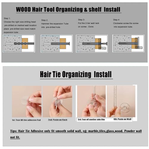 Wall-Mounted Hair Tool Organizer with Heat Resistance - Set of 2 Layer Rustic Blow Dryer Holder (Dark Brown)