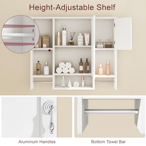 Large Bathroom Wall Cabinet with Mirror & Towel Bars, Storage Shelf, White