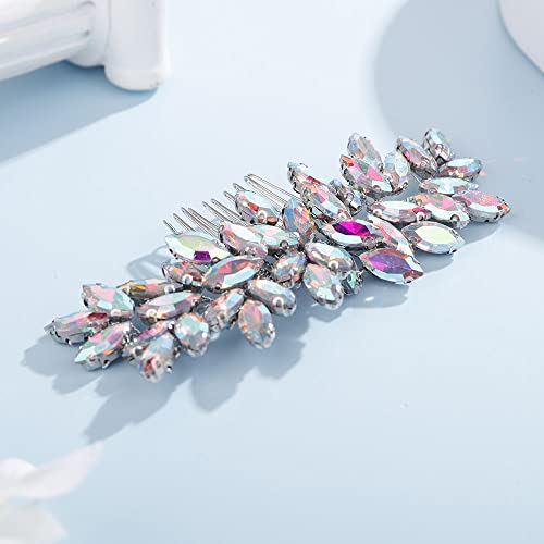 Teyglen Women's Full Rhinestones Hair Comb - Shiny Bridal Side Comb, AB Color, Metal, 15 cm, Luxurious Hair Accessory for Special Occasions
