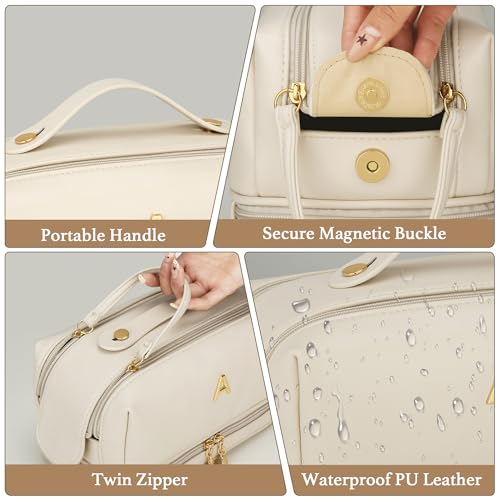 Initial Makeup Bag Travel Toiletry Bag for Women - Beige | Personalized Gift