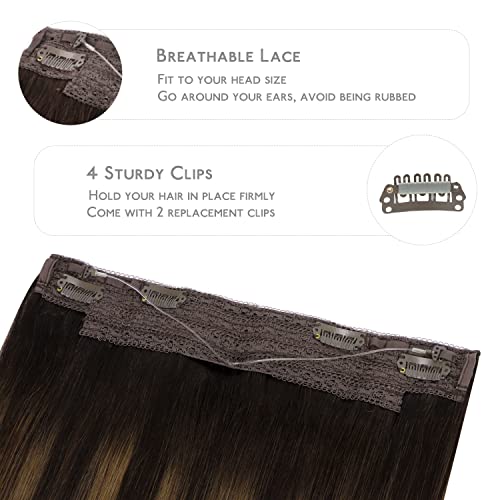 Wire Hair Extensions - Remy Human Hair with Invisible Transparent Wire - Balayage Dark Brown & Chestnut Brown - 16 Inch, 95g